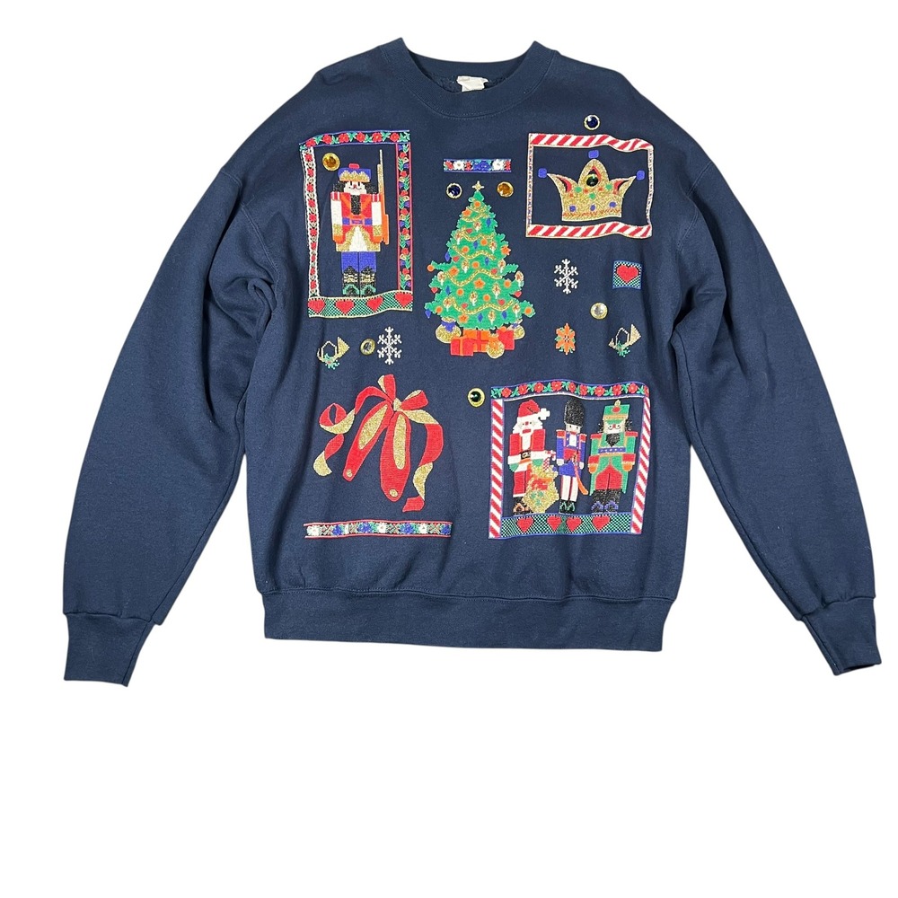Vintage India Ink Christmas Sweatshirt Navy Blue Nutcracker Santa Sequin OSFA